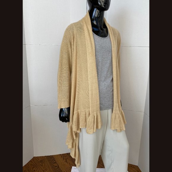 Lauren Ralph Lauren Buttery Tan Beige Ruffled Hi Lo Knit Cardigan One Size - Picture 6 of 12